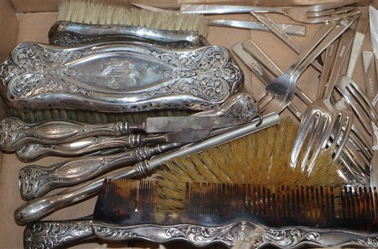 A set of eleven 1950s silver pastry forks by Viners Ltd and a nine piece sterling brush/manicure/button hook set.
